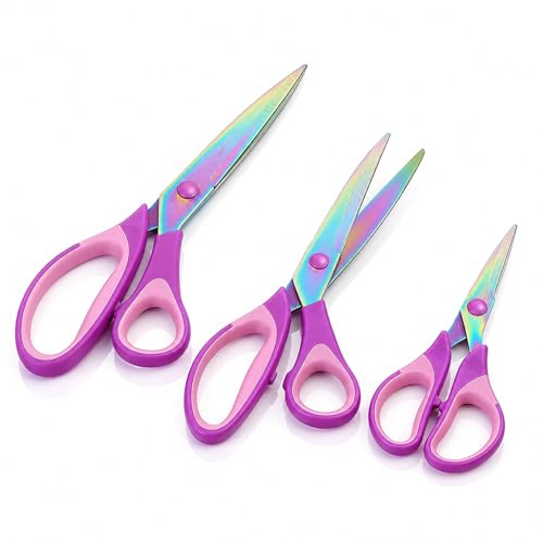 Scissors of 3 Different Sizes, Craft Scissors with Titanium-Coated Stainless Steel Blades and Rubber Handles, Multi-Purpose Scissor Set for Families, Kitchen, Office, and School Use (Purple and Pink)