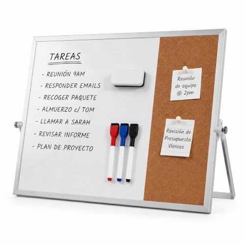 Pizarra Blanca Magnetica con Corcho 30x40 cm - Pizarra Mixta de Escritorio y Pared con Soporte Giratorio 360° - Panel Mixto con corcho, Organizador con 3 Rotuladores, Borrador y 5 Chinches