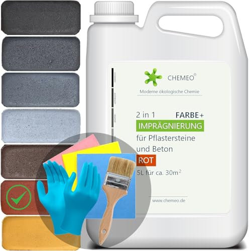 CHEMEO® Betonfarbe außen Frostsicher | Betonplatten, Terrassen und Pflastersteine Streichen | ROT Betonpflaster Farbe 5 liter für 30m2 | Bürste, Handschuhe und Tücher GRATIS