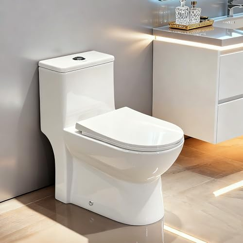 Bolina W2121D One-Piece Dual Flush Toilet, 0.8/1.28 GPF,360° Tornado Flush, Elongated D-Shape Bowl, 12-In Rough-In, White, Soft-Close Seat, EPA & WaterSense Certified