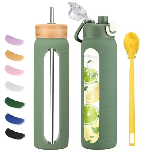 Olivego 32 oz glass water bottle - 1 Litter Motivational Tumbler With Time Marker - Borosilicate Glass Water Bottles With Silicone Sleeve and 2 Lids - Handle Spout Lid & Bamboo Straw Lid