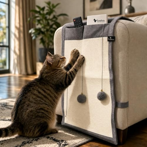 Protector Sofá Gatos Arañazos 139x45 cm - Rascador Gatos Sofá de Sisal Natural con Bolsillos y Cascabeles + Cepillo Quitapelos Mascotas | Antiarañazos para Sofá, Puerta y Pared | SRM Pets
