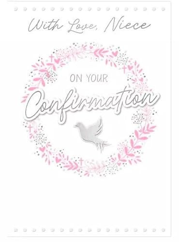 Confirmation Card for Niece with Pink Floral Wreath and Dove Design, 13 x 19 cm