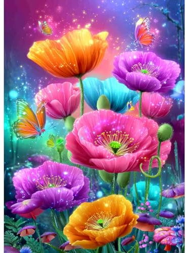 MAXBYE Poppy Flower Diamond Art Kits for Adults, DIY Diamond Painting Kit | Full Drill Gem Cross Stitch Kits for Beginner, Dreamy Butterfly 5D Diamond Crystal Art Craft Home Wall Decor Gift 30×40cm