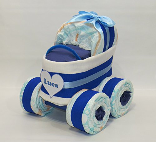 Windeltorte | Windelkinderwagen Herz blau | Windelgeschenk Junge
