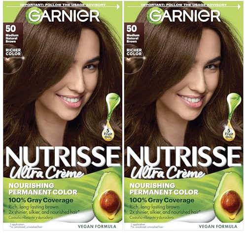 Garnier Nutrisse Ultra Crème Hair Color, Permanent Hair Dye with 100% Gray Coverage, Vegan & Cruelty-Free, 50 Medium Natural Brown (Truffle), 2 Count