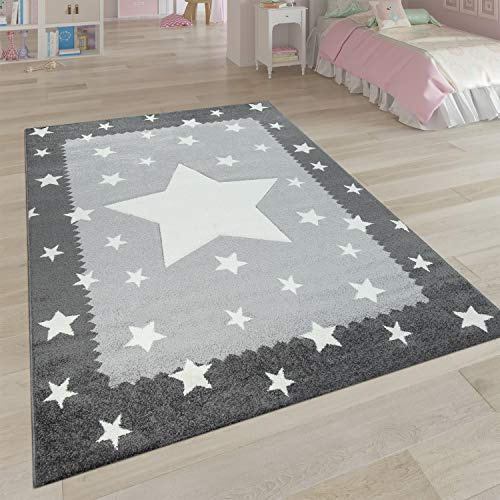 Paco Home Kinderteppich Grau Weiß Kinderzimmer 3-D Bordüre Sternen Design Weich Robust, Grösse:133 cm Quadrat