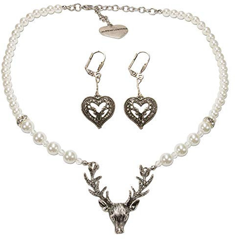 Alpenflüstern Trachtenschmuck-Set Trachtenohrhänger Strassherz und Perlen-Trachtenkette Hirsch - Damen-Trachten-Schmuck, Trachtenset Dirndl-Kette und Trachten-Ohrringe creme-weiß SET036