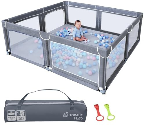 Todale Baby Playpen - 79 x 70 in, Gray - Foldable & Collapsible Playpen Yard with Mesh Panels & Safety Gate - Adjustable Extra Large Play Area for Babies & Toddlers