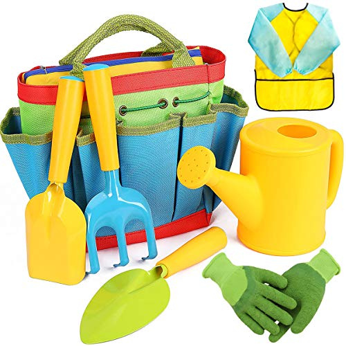 7 PCs Kids Gardening Set Tools Bag Watering Can Kids Gardening Gloves Rake Trowel Shovel Apron Kids Garden Tools for Boys Girls