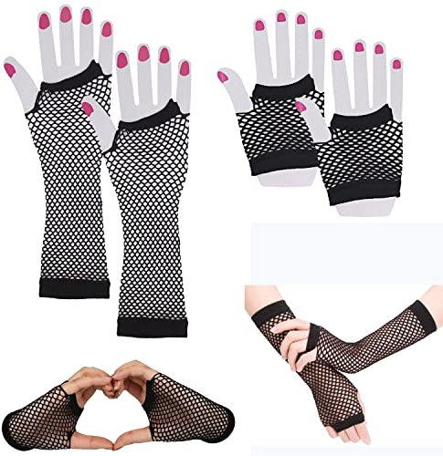 Gittergewebe Handschuhe,2 Paar Lang und Kurz Fischnetz Handschuhe Schwarz Fingerlose Netzhandschuhe für 80er Jahre Verkleidung Kostüm Party Lieferungen