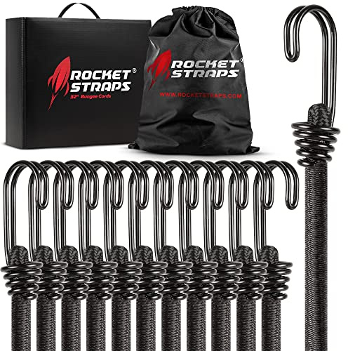 Rocket Straps - Ultimate Outdoor Bungee Cord Assortment - Heavy Duty Set of 12 Bungee Cords (72) Double-J Hooks - Elastic Straps for Camping, Securing, and DIY and Multipurpose