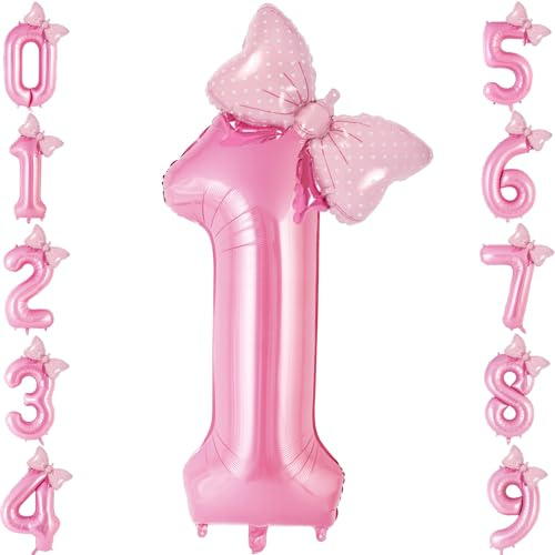 Bow Pink Number 1 Balloon, 40 Inch Large Foil Number Balloons With Bow, Big Mylar Pink 1 Balloons for 1st First Birthday Party Decorations Supplies