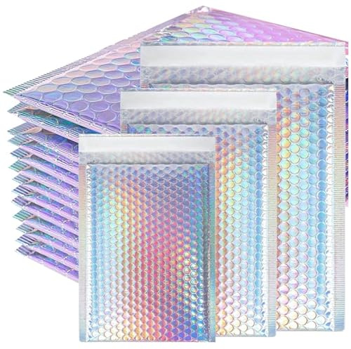 PLMMOUT 50 Pcs Metallic Bubble Mailers,Waterproof Self Seal Adhesive Shipping Bags,Holographic Cushion Envelopes,Foil Glitter Shipping Mailer,Poly Padded Envelopes for Mailing Packing Small Business
