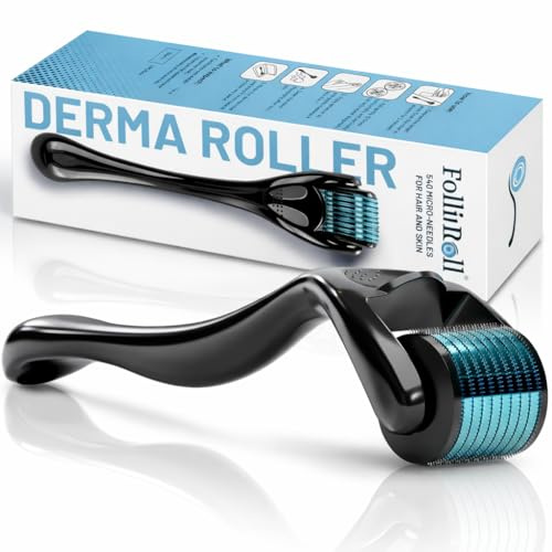 Folliroll Derma Roller – 540 Microneedles per barba, capelli e pelle, per uomini e donne, per derma stamp viso e cuoio capelluto, custodia gratuita (blu, 0,30 mm)