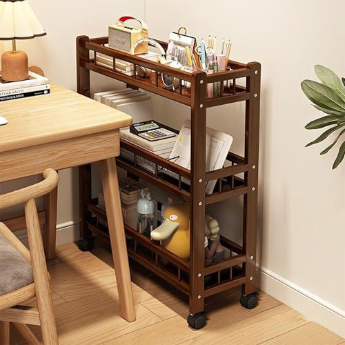 UUE Küchenwagen auf Rollen, Allzweck-Aufbewahrungswagen, Aufbewahrungswagen mit Rollen, Servierwagen Rackwagen Bambus mit 3 Ablage, Küchenregal Organizerwagen, Mobiler Allzweckwagen Beistellwagen