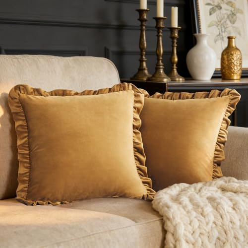 Juego de 2 fundas de cojín de terciopelo de 40 x 40 cm, cuadradas, color dorado oscuro, con bordes con volantes, para sofá, sala de estar, fundas de almohada decorativas para dormitorio