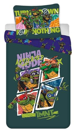 BrandMac TMNT - Set di biancheria da letto per bambini, reversibile, 100 x 135 cm, con federa 40 x 60 cm, 100% cotone, motivo tartarughe ninja per bambini