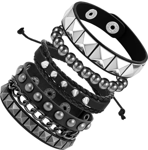 PEOVLVN Punk, 4 pezzi, bracciale unisex da uomo, in pelle, con borchie in pelle, colore nero, gotico, per festival musicali, feste, feste in costume, concerti