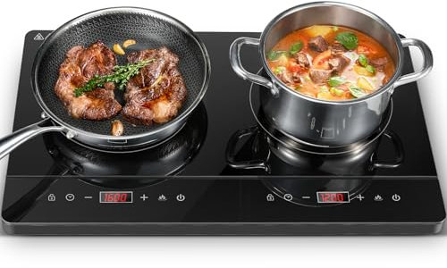 KICHPOWER Double Induction Hob, Portable Induction Cooker, Black Glass Plate, 2800W, Independent Touch Control, 8 to10 Power Levels,10 Temperature Setting, 3 Hour Timer, Child Safety Lock, with Plug