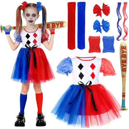 KISPATTI Quinn Costume Bambina, Joker Costume da Quinn Bambini, con Vestito,Gonfiabile Mazza da Baseball,Capelli,Guanti,Calzini,per Halloween Carnevale Feste Clown Joker Cosplay