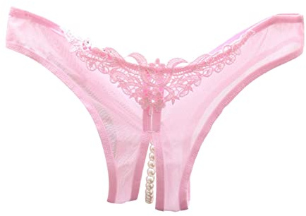Generisch Femmes Lingerie Sexy Dentelle Ouverte Coupe Perlée Massage Creux Taille Basse Triangle String, Rose, taille unique