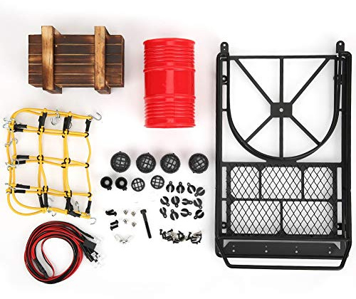 1/10 RC Roof Luggage Rack Kit with Storage Net, LED Light, Oil Can, Wooden Box Decor for SCX10, 90046, D90 Crawler Car, Metal Roof Rack with Simulation Accessories,