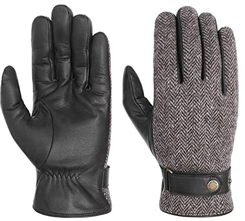 Stetson Herringbone Wool Lederhandschuhe Herren - Herrenhandschuhe aus Wollmix - Hand-Innenseite aus 100% Ziegenleder - Futter aus 100% Baumwolle - Fingerhandschuhe Herbst/Winter schwarz-grau 10 HS