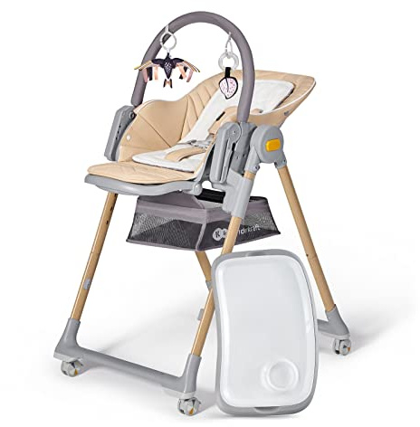 Kinderkraft LASTREE Hochstuhl Baby ab Geburt mit Liegefunktion, Kinderhochstuhl für ältere Kinder, Babyliege mit Spielbügel, Verstellbare Rückenlehne Tablett Fußstütze, Zusammenklappbar, Beige