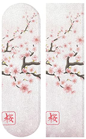 Poeticcity Japanese Cherry Branch with Blooming Flowers Light Pink Style Waterproof Skateboard Grip Tape, Anti Slip Longboard Scooter Griptapes, Durable Sand Paper Sheet Sticker Sandpaper 9x33
