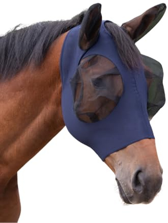 QHP Fly Mask for Horses with Zipper | Breathable Mesh Eyes & Ears | Stretch Comfortable Fit | Cob and Full Sizes (Navy)