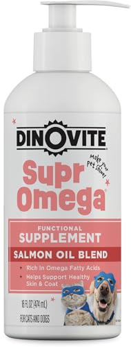 Dinovite SuprOmega Wild Caught Salmon Oil for Dogs & Cats - GMO Free Omega 3 Skin & Coat Supplement - Skin & Coat Meal Topper for Dogs & Cats - 16 oz
