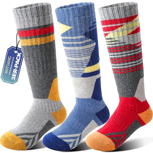 ANTSANG 3 Pares Calcetines Ski Lana Merino Niños Niñas Térmicos Abrigados Invierno Gruesos Acolchados para Snowboard Esquí(Rojo/Azul/Gris,34-38)