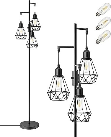 EDISHINE Industrial Floor Lamp with 3 LED Bulbs, Diamond Cage Lampshade, Dimmable Standing Lamp for Living Room, Bedroom, Office, E27 Sockets