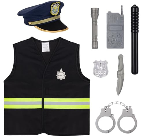 BTHRORO Disfraz de Policía para Niño - 8 Piezas con Chaleco, Gorra, Placa, Esposas, Walkie Talkie y Accesorios de Juguete para Niños - Ideal para Halloween, Fiesta, Carnaval y Juego de Rol de Policía