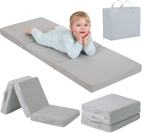Tiita Foldable Floor Mattress for Kids -Daycare Sleeping Futon or Floor Mat with Storage Bag, Toddler Floor Nap Mat, Portable Toddler Travel Mattress for Camping & Guest Use, Playroom, Plush Grey
