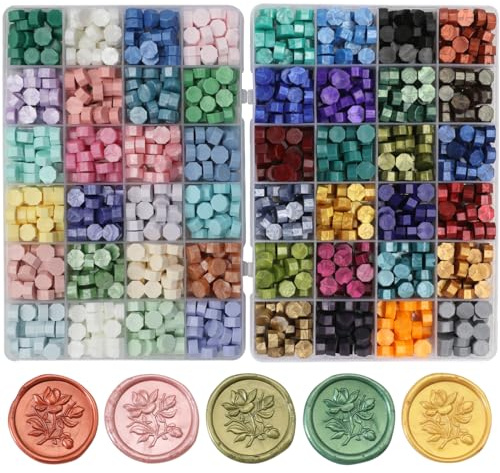 Andotopee 1200 Pcs Assorted Color Sealing Wax Beads Bulk - 48 Colors Wax Seal Pellets Kit for Stamp Seals, Wedding Invitations, Envelope Sealing, DIY Crafts - Multicolor Pellets for Gift Ideas