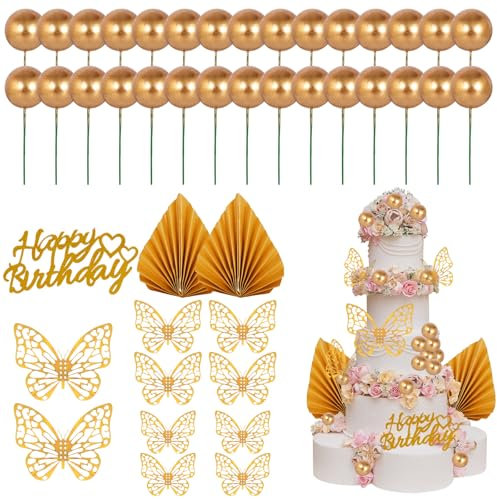 43Pcs Décoration de Gâteau Papillon d'Éventail de Palmiers Boule d'Or, Décoration de Cupcake en Feuille de Boule, Inserts de Gâteaux Mini Ballon en Mousse Feuille de Palmier pour Anniversaire Mariage