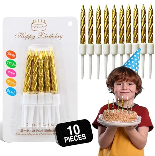 Birthday Candles, Gold Birthday Candles for Cakes, Pack of 12 Party Spiral Candles with White Candle Holders, Candles for Wedding, Birthday, Party Decorations, Anniversary and Meetups (Gold)