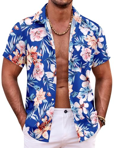 COOFANDY Hawaii-skjorta män kortärmad sommarskjorta blommor button down strandskjorta semester fest fritid skjorta