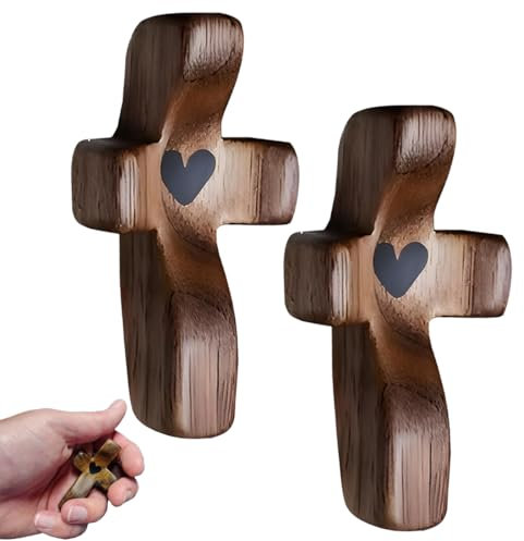 NHQ Cruces Madera Mano,Cruz de Madera Comunion Tallada 2 piezas Cruz de Oración de Madera Cruz de Bolsillo para Amigos Familiares Regalos de Bautizo,Nacimiento