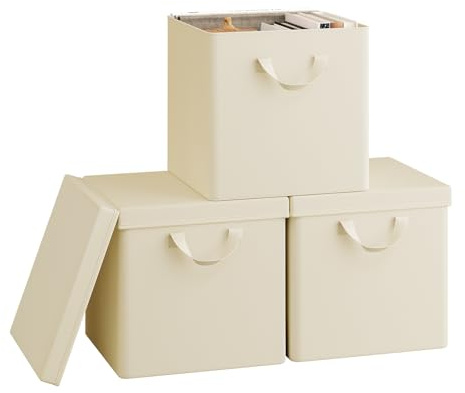 WOLTU Scatole Contenitori Pieghevoli Set di 3, Cubi in Tessuto con Coperchio, Manico e Struttura in Metallo, Organizer per Scaffale e Armadio, Crema, 30x30x29cm