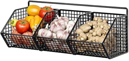 YOFAPA Wall Mounted Kitchen Storage Basket, Black Metal Wire Organizer with 3 Compartments, Rustproof Iron Mesh Rack for Pantry, Entryway, Utility Room, 14.2 x 5.9 x 3.3 in