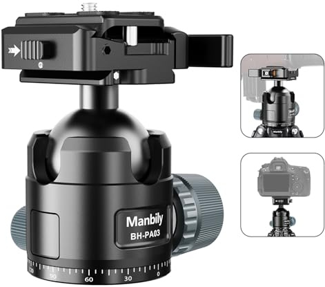 Manbily Low Profile Ball Head, 44mm Tripod Head with Picatinny to Arca-Swiss Adapter and 1/4 Quick Release Plate, CNC Aluminum 360° Head for Hunting Shooting Tripod DSLR Camera, Max Load 44lbs/20kg
