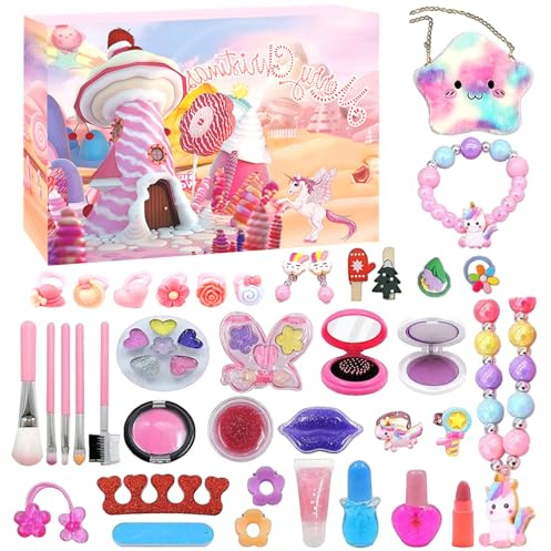 Moerstar Calendario dell'Avvento 2025 Make Up, Calendario Avvento Bambina Unicorn con Set Trucchi Bambina Gioielli Accessori per Capelli Borse Unicorno per Regali Natale Ragazze