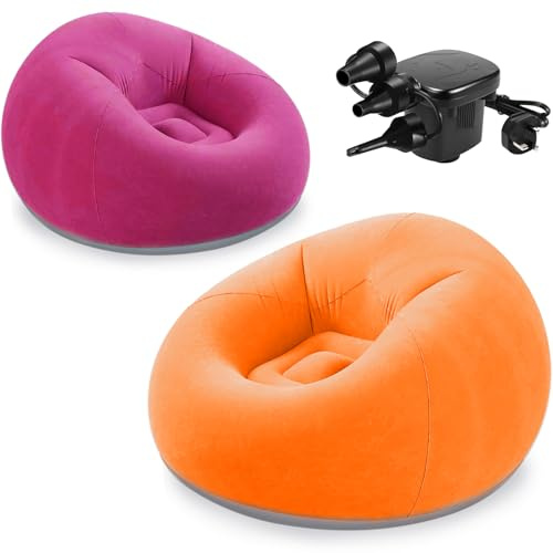 JTKDG 2 Pcs Bean Bag Chairs for Adults Inflatable Chairs with Electric Air Pump, Blow up Couch Folding Portable Inflatable Couch Lazy Sofa for Reading Living Room Camping (Orange, Rose Red)