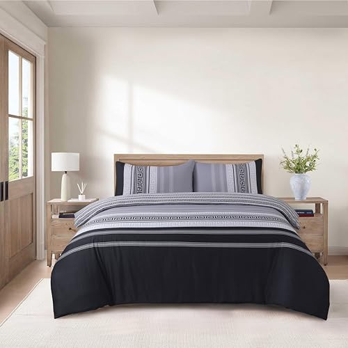 CHARKHAH 4 Piece Complete Bedding Set – Microfiber Reversible Duvet Cover, Deep Fitted Sheet & 2 Pillowcases | Soft, Breathable & Elegant - MF-QA-COM-SET-KING-GREEK-BLACK-GREY