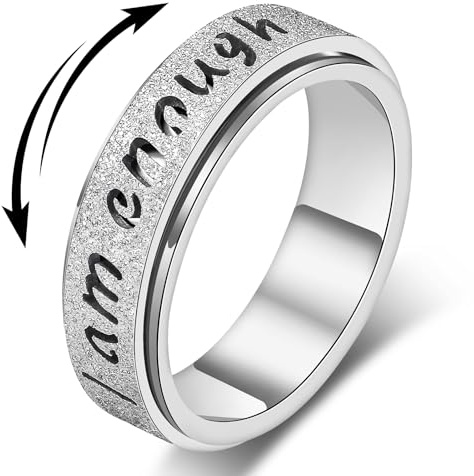 LuckyAmor Fidget Spinner Ring for Women - I Am Enough Fidget Toys, Rotating Anxiety Relief Jewelry, Stainless Steel Inspirational Hope Rings for Adults (Silver, 7)