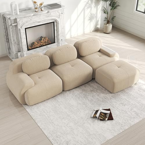 Bladez Divano moderno a 3 posti in cord, modulare, a forma di L, con pouf, senza montaggio, combinabile con altri divani, per soggiorno (Beige, 3 posti+1)