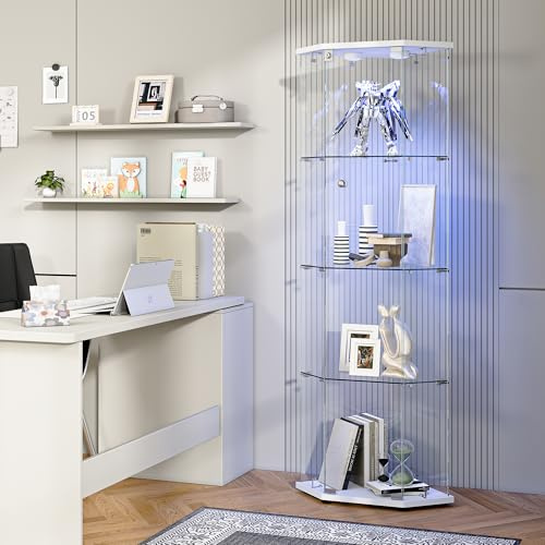 Vitrina de esquina con iluminación LED, vitrina de cristal de pie con puertas de cristal, 4 estantes de cristal, vitrina esquinera de madera y cristal, vitrina moderna para salón, dormitorio, oficina